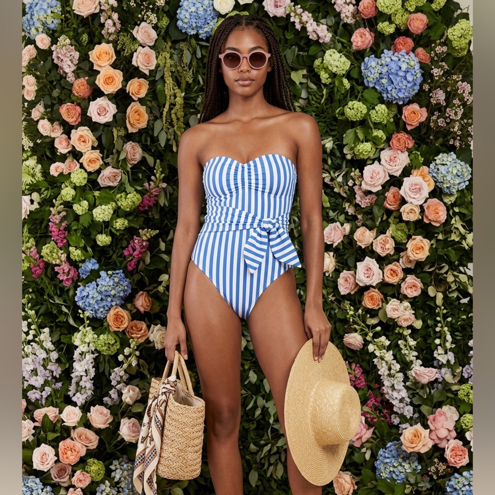 NWT Striped Blue & White Strapless One-Piece Swimsuit with Waist Tie